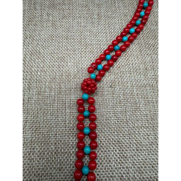Long Red & Turquoise Glass Bead Necklace with Knotted Accents Unique - Picture 6 of 10